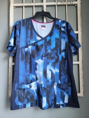 Koi Lite Women's Blue Abstract Print, Stretch Scrub Top With 2 Front Pockets, L